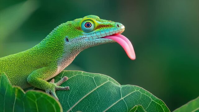 Close-up of a vibrant green gecko perched on a leaf, with detailed skin textures