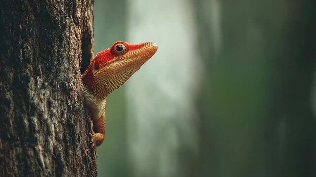 A vibrant red-headed lizard peeks from a tree trunk, eyes alert. Green bokeh background