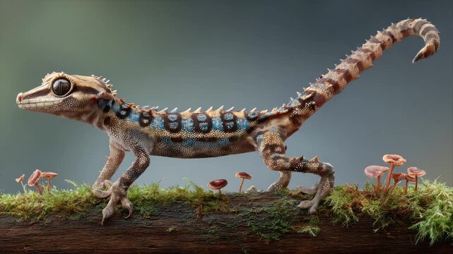 A detailed image of a lizard with a patterned tail, perched on a mossy log with fungi