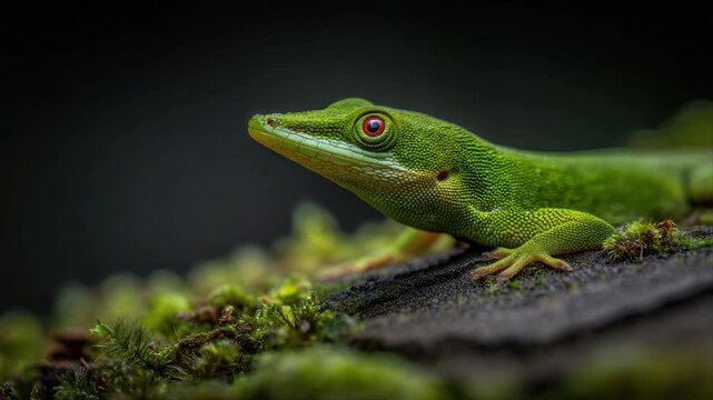 Green lizard with red eyes, perched on mossy log, close-up with shallow depth of field