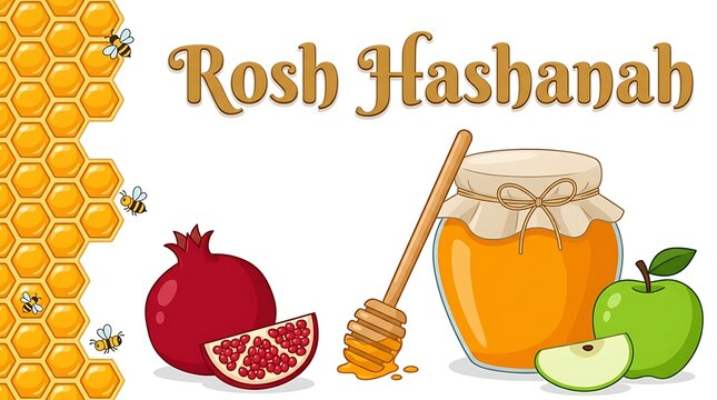 Bright Rosh Hashanah celebration illustration with honey jar honeycomb patterns and fresh crisp green apples