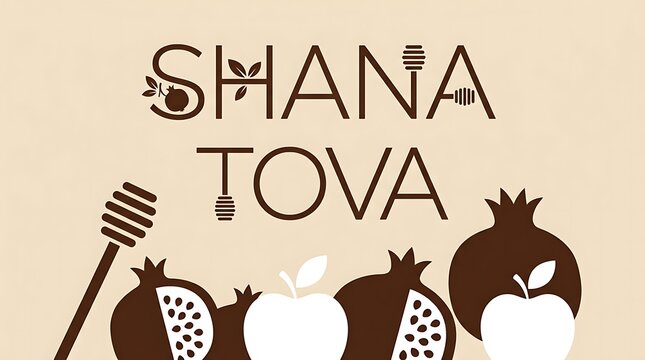 Minimalist graphic design greeting for Jewish New Year featuring apples honey and pomegranate symbols in brown