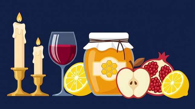 Still life composition of honey jar red wine glass and fresh fruits with lit candles