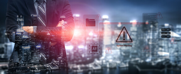 A businessman stands confidently in front of a modern cityscape, surrounded by a digital interface showcasing warning symbols, symbolizing challenges in technology and innovation. Cyphers © InfiniteFlow