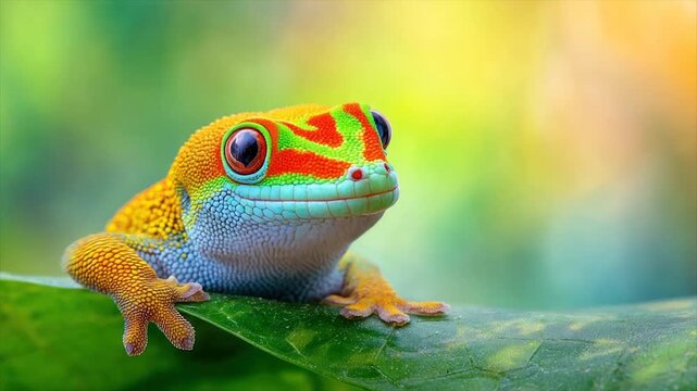 A vibrant, colorful gecko on a leaf, with bright eyes against a blurred green backdrop