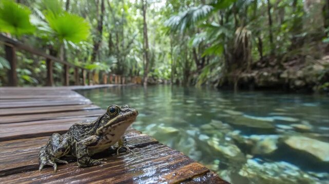 A frog sits on a wooden dock beside a clear, still body of water, lush tropical forest in background