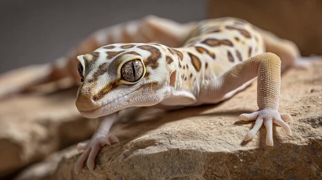 Close-up of a reptile with a patterned skin, positioned on a textured rock surface