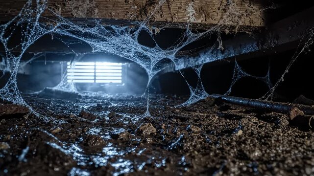Creepy spiders web inside dark damp basement crawlspace, cinematic tracking shot of eerie abandoned structure with dew drops on silk mesh.