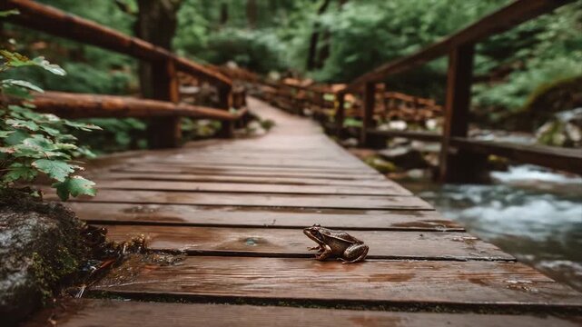 Wooden bridge over a stream in a forest with a frog. Water glistens on the wood