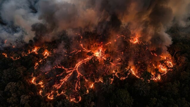 Wildfire - Aerial Drone View of Massive Forest Fire Burning Trees with Glowing Embers and Thick Smoke