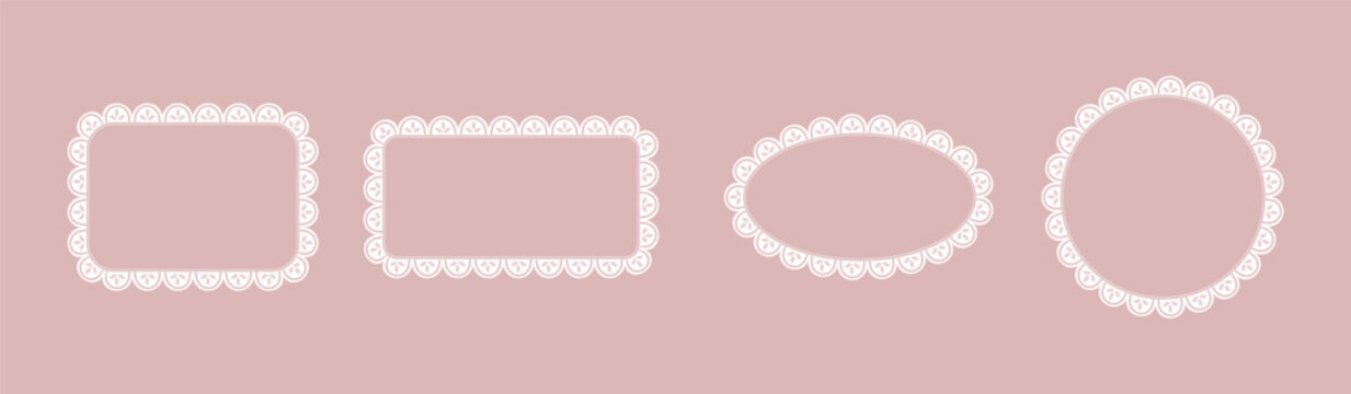 Delicate vintage doily collection with ornamental borders, floral patterns, and decorative ribbons. Perfect for wedding invitations, romantic cards, or retro design projects.
