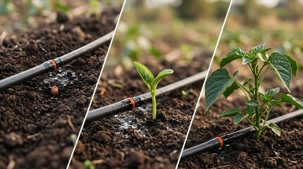 Plant Life Cycle from Seed to Leaf with Drip Irrigation Pipe Sequential Growth Concept
