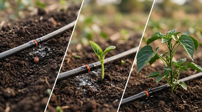Plant Life Cycle from Seed to Leaf with Drip Irrigation Pipe Sequential Growth Concept