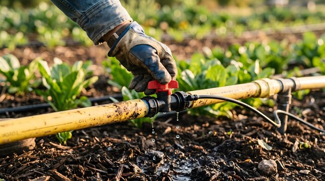 Farmer Gloved Hand Adjusting Blue Drip Irrigation Valve with Water Droplets on Soil