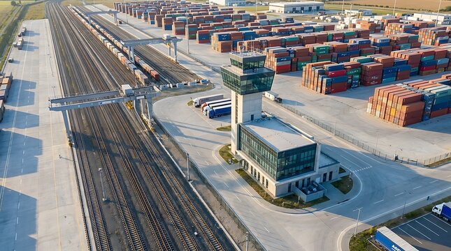 Aerial view of a large intermodal freight terminal. Trains, shipping containers, and a control tower illustrate global logistics and cargo transportation