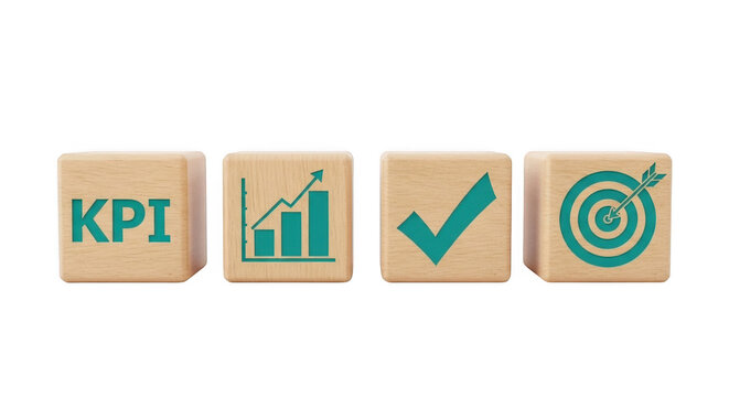Kpi business icons on wood blocks isolated on transparent background