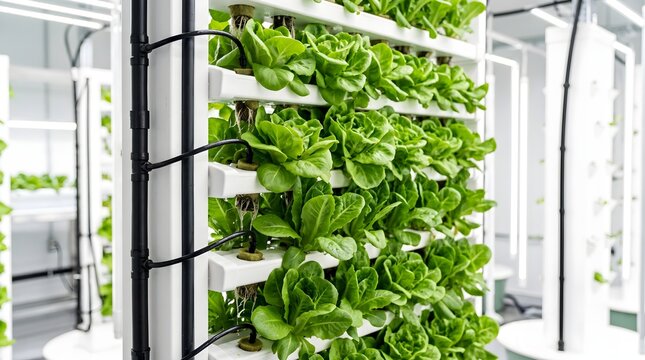 Vertical Hydroponic Tower with Drip Pipes Feeding Lettuce Plants in Sustainable Farming System