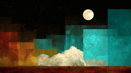 Fototapeta premium Abstract Geometric Nightscape With Full Moon And Clouds, illustration