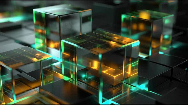 Abstract 3D Glass Cubes with Glowing Green and Orange Neon Light