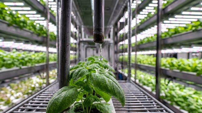 Water Droplet Falling from Pipe onto Green Plant on Stacked Shelf Indoor Gardening Concept
