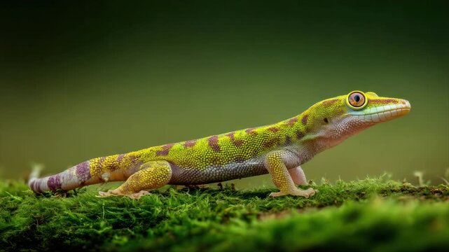 A vividly colored gecko rests on green moss against a blurred green backdrop