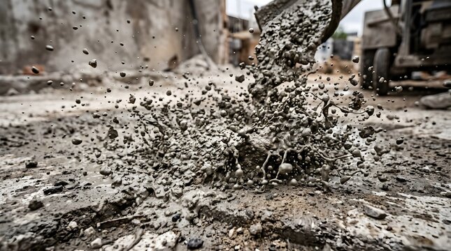 Detailed Concrete Splashing Impact with Flying Droplets and Wet Construction Texture