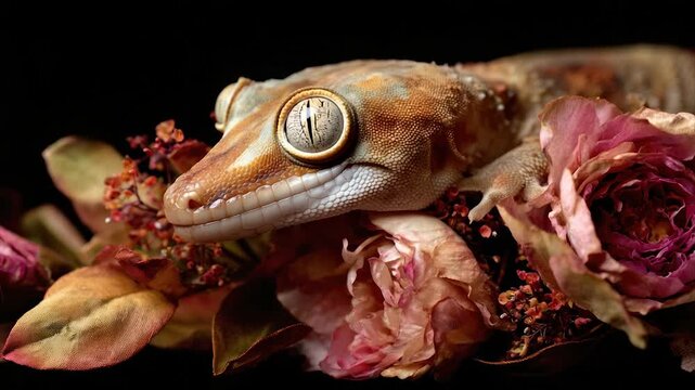 Close-up of gecko amidst flowers. Earth tones, textured skin, eye detail, and dark backdrop