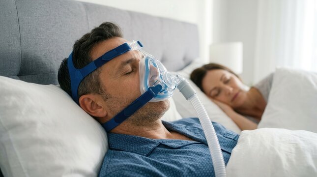 A man sleeping with a medical oxygen mask and breathing equipment in a bedroom.
