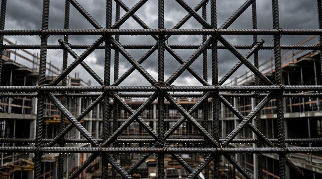 Interwoven Rebar Grid with Rain Droplets Against Moody Overcast Sky Construction Background