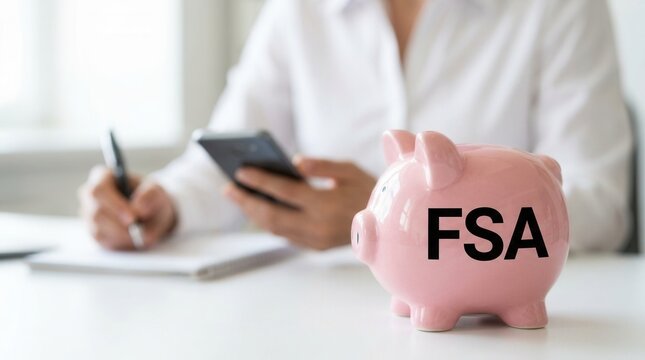 Person managing an FSA Flexible Spending Account using a smartphone and writing on a notepad.