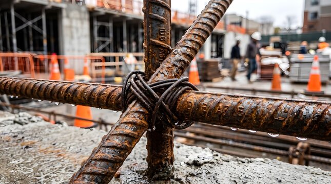 Rusty Rebar Joint Tied with Wire and Water Droplets at Blurred Construction Site