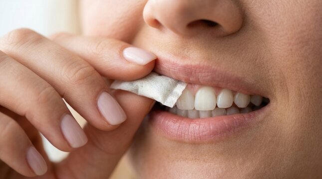Extreme macro shot of a woman chewing wet moist nicotine tobacco snus