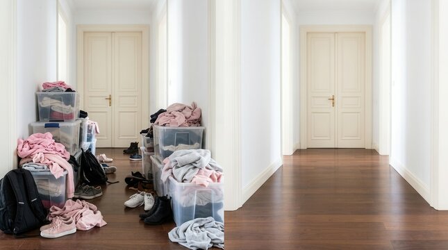The transformation from a cluttered hallway with storage bins to a clean organized space.