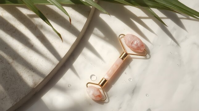 Luxury Rose Quartz Gua Sha Tool and Face Roller for Anti-Aging Massage Display on White Marble and Concrete Background with Beautiful Tropical Leaf Shadows and Water Droplets Holistic Skincare Routine