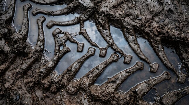Rainwater Reflecting Sky in Muddy Tire Track Grooves Natural Outdoor Texture