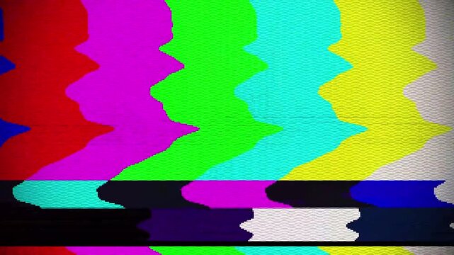 Distorted television color bar test pattern with signal interference and glitch effect