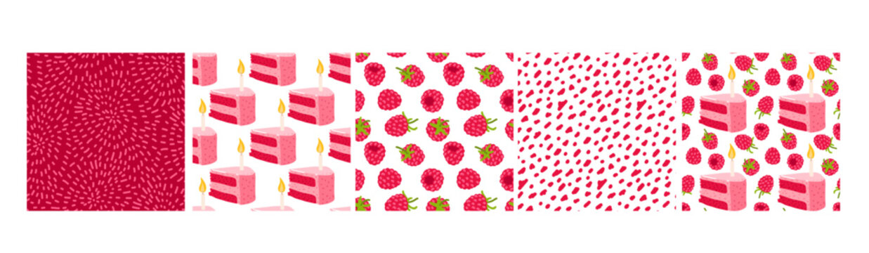 Set of seamless patterns for raspberry pie packaging. Festive pie, raspberry. Flat vector illustration for bakery boxes, dessert wrapping, confectionery branding, sweet wraps, berry themed designs.