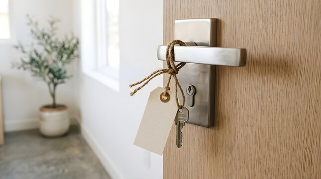Modern Door Handle with Key and Blank Tag Tied with Twine Minimalist Real Estate Concept