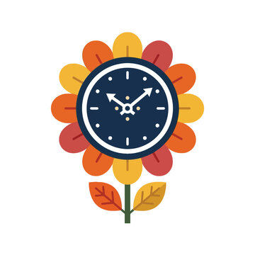 stylized flower with clock face center, autumnal colors, representing time passing or seasons changing