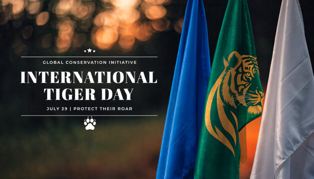 International Tiger Day celebration with flags and tiger emblem. Global conservation initiative for protecting tigers on July 29