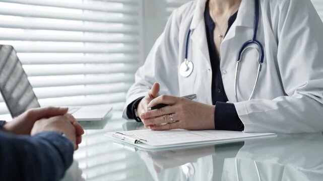 Doctor writing medical notes during a healthcare consultation, providing patient care, discussing diagnosis and treatment plan in a clinic office setting