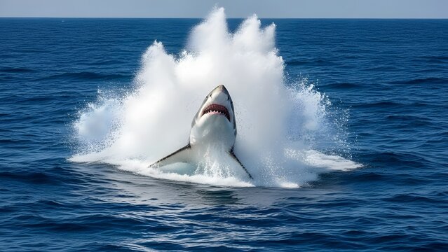 Great White Shark Breaching Ocean Surface in Dramatic Splash.