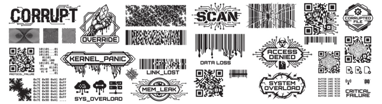 Corrupt Data Glitch Badges and Digital Error Icons With Barcodes, QR Codes, and System Warnings