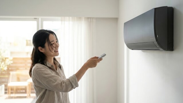 Home Comfort - Smiling Asian Woman Using Remote Control to Operate Wall Mounted Mini Split Air Conditioner Indoors