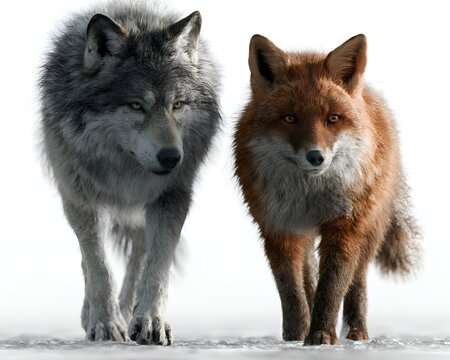 Grey wolf and red fox walking together side by side with intense gazes against a clean white background