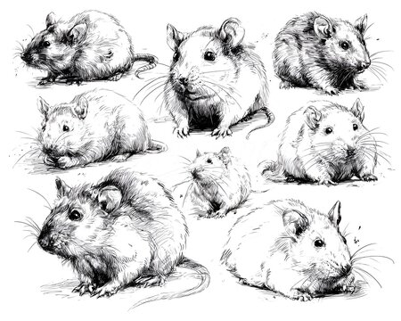 Realistic black and white ink drawings of various mice and gerbils in different poses, a detailed animal study illustration