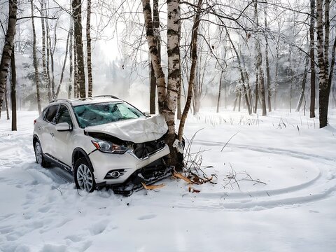 White SUV crashed into tree during snowy winter forest accident scene