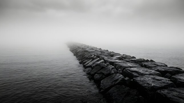 Dark jetty rock breakwater stretching into a mysterious ocean mist