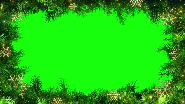 Christmas pine tree frame with golden snowflake ornaments and twinkling lights on green screen background