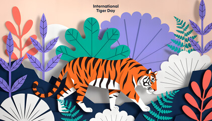 Fototapeta premium An illustration for International Tiger Day features a tiger walking among colorful paper-cut plants and foliage, highlighting the beauty of these majestic animals